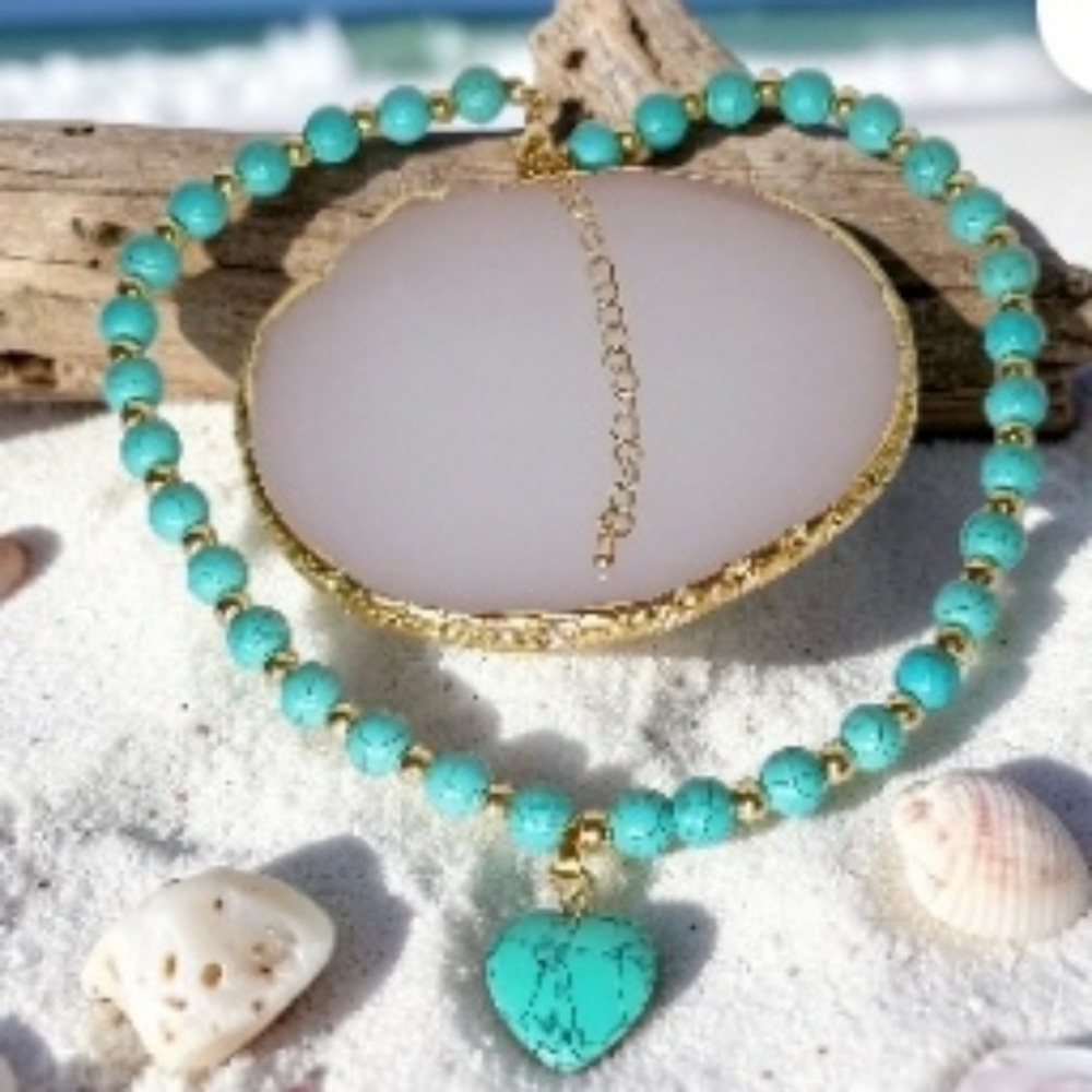 Gold Turqouise Beaded Heart Charm Necklace Earth Art Southwestern Cowboycore